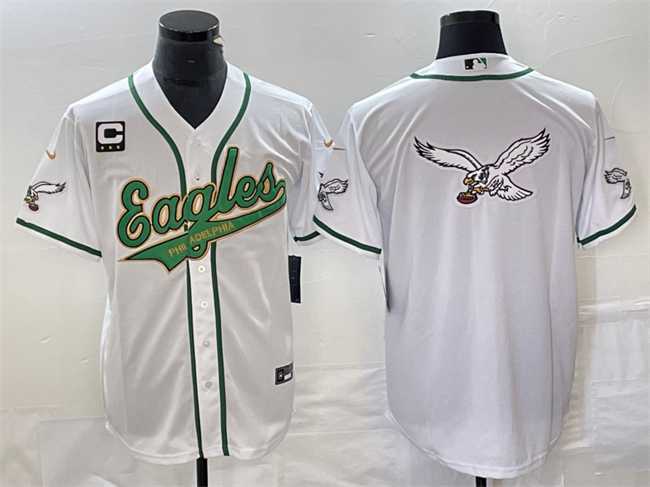Mens Philadelphia Eagles White Gold Team Big Logo With C Patch Cool Base Stitched Baseball Jersey